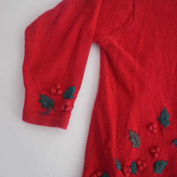 Vintage Dress Barn Red Black Embroidered Mistletoe Zip Knit Cardigan Sweater 18 - Picture 9 of 10